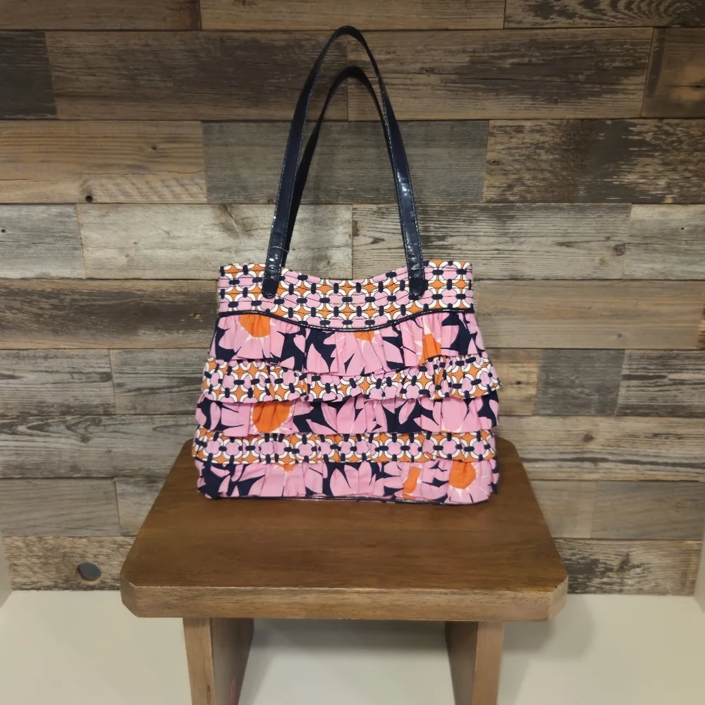 Vera Bradley Pink, Navy & Orange Tote Bag with Geometric Flower & Ruffle Design - Picture 3 of 9